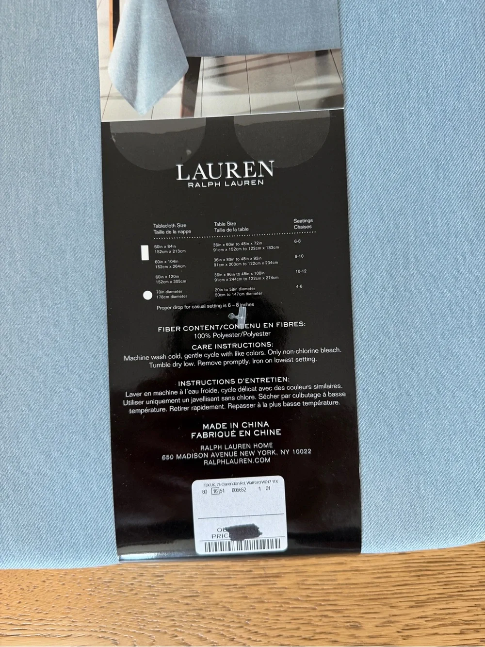 Ralph Lauren Denim Light Pale Blue Water-Repellent Tablecloth Rectangle 60x84